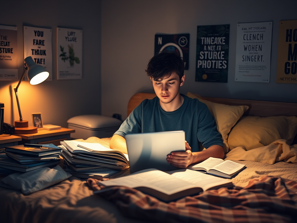 Молодой человек сидит на кровати с планшетом, окруженный книгами, изучая в теплой, уютной обстановке.