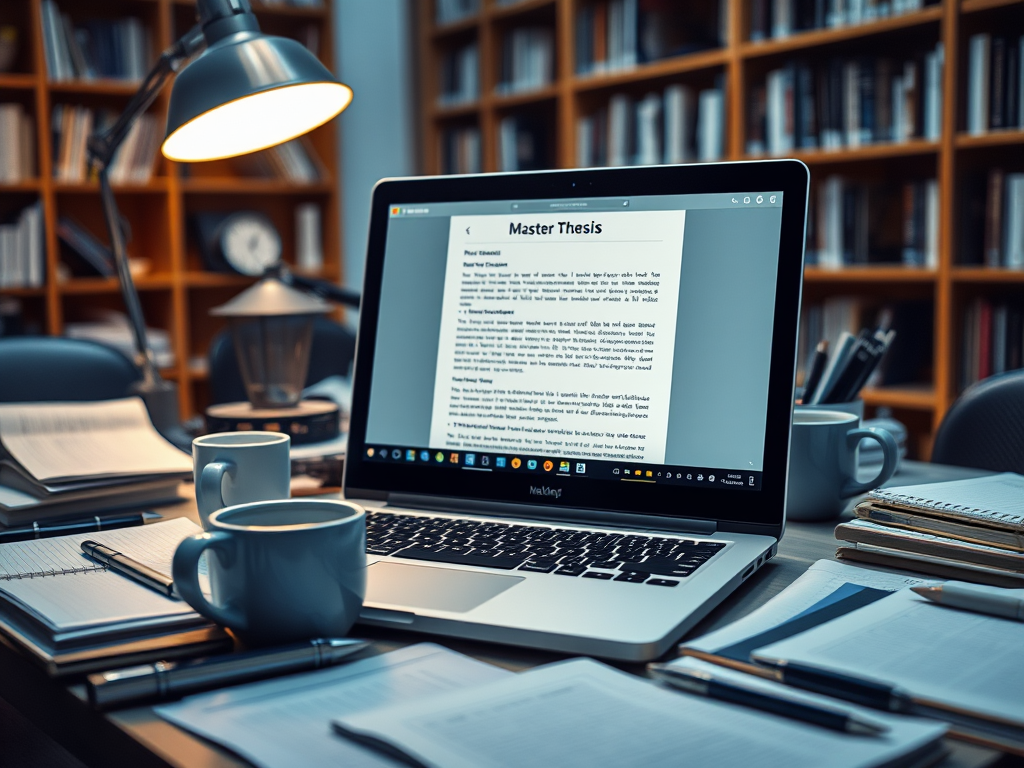 На столе с лампой и книгами открыта работа магистра на экране ноутбука, рядом чашки кофе и блокноты.