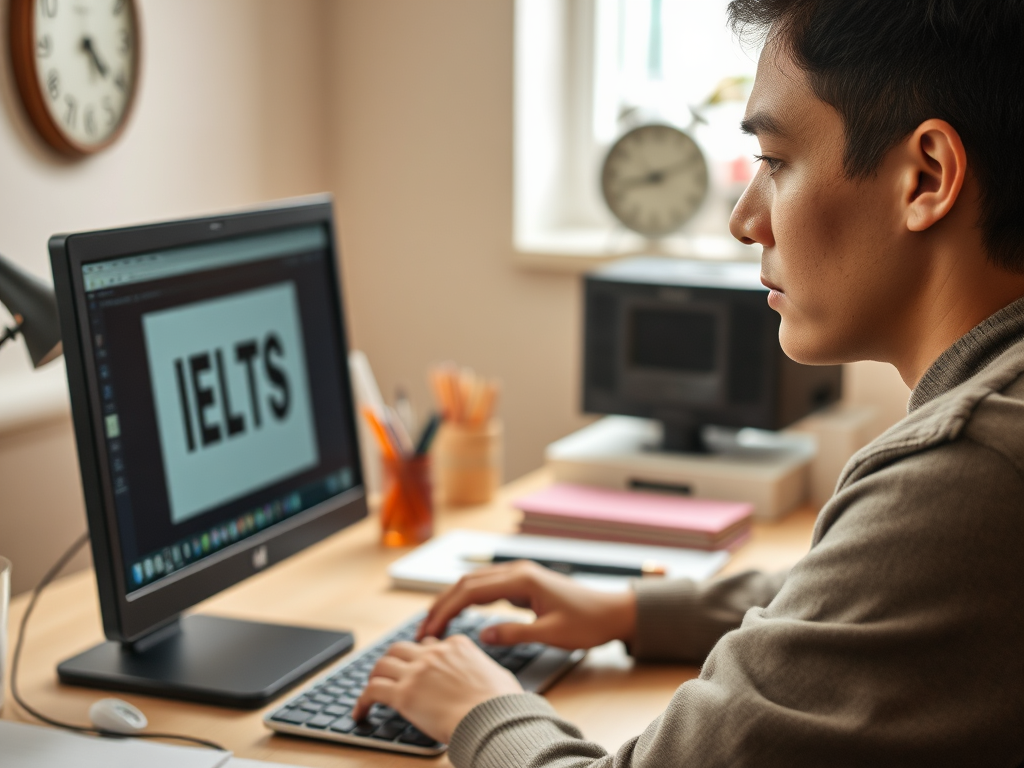На фото молодой человек работает за компьютером, изучая материалы для IELTS. На экране надпись "IELTS".