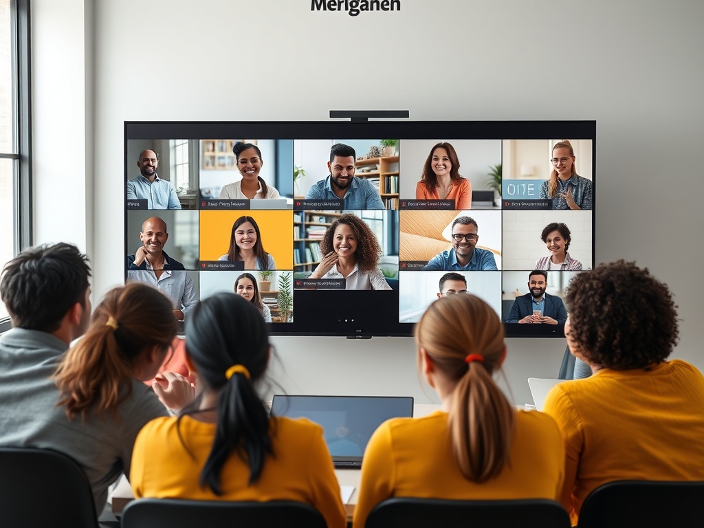 На экране видеозвонка участники обсуждают, сидя на стульях в помещении с ярким интерьером.