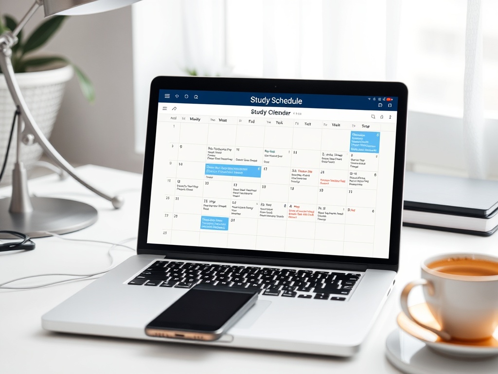 На экране ноутбука открыт календарь учебного расписания. На столе также лежит телефон и чашка кофе.