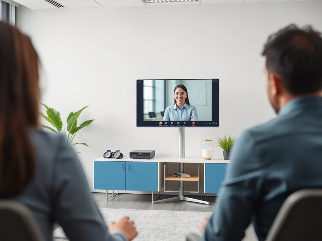 Два человека сидят в офисе и проводят видеозвонок с женщиной на экране.