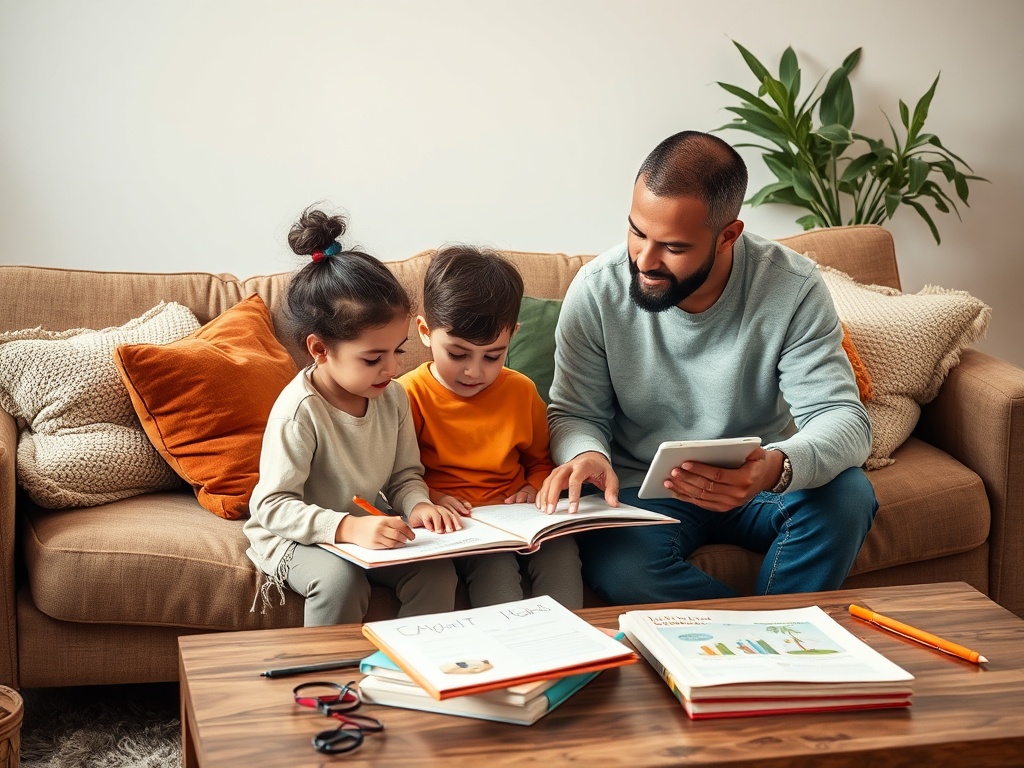 На изображении мужчина помогает двум детям учиться и делать домашнее задание на диване.