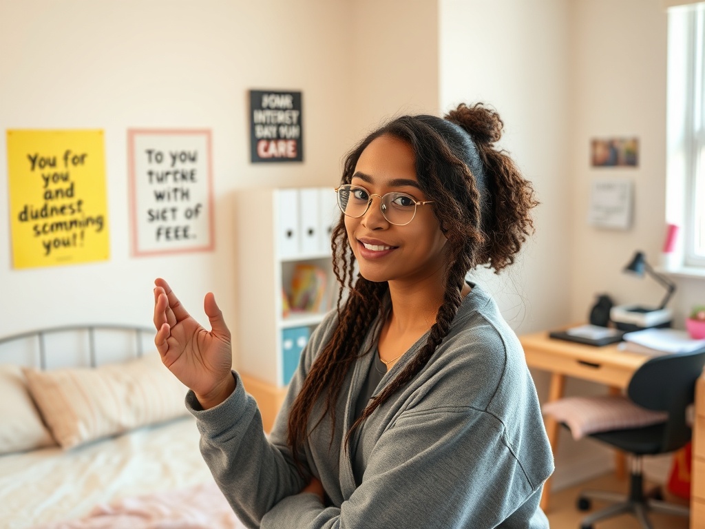 На изображении женщина с кудрявыми волосами и очками, смеющаяся в уютной комнате. Стены украшены яркими плакатами.