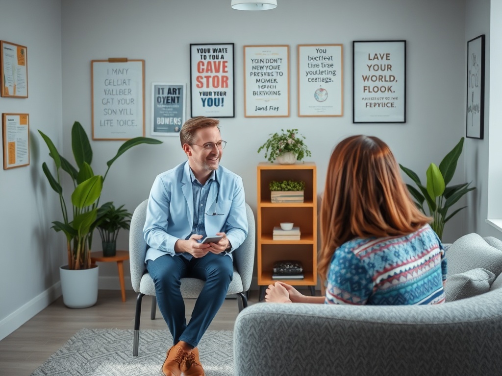 В кабинете психолога: мужчина и женщина обсуждают. На стенах мотивационные плакаты, в комнате растения.