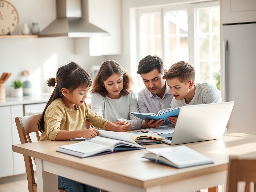 На столе сидят два ребенка и два взрослых, читают книги и обсуждают содержимое. Вокруг уютная обстановка.