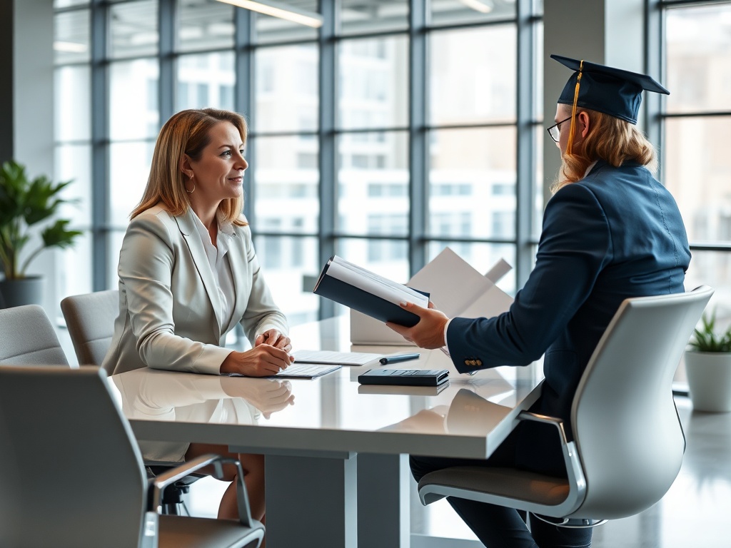 На встрече женщина в деловом костюме обсуждает с выпускником его достижения и документы.