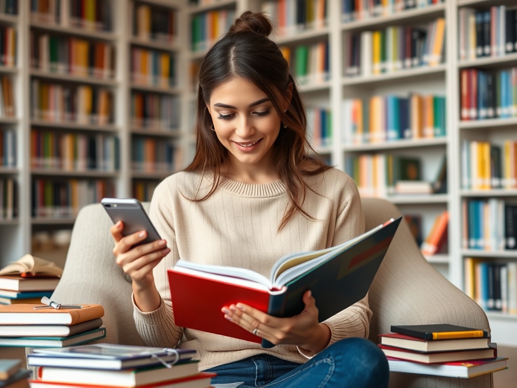 Девушка сидит в библиотеке, читая книгу и держа телефон, вокруг неё книги. Она улыбается.