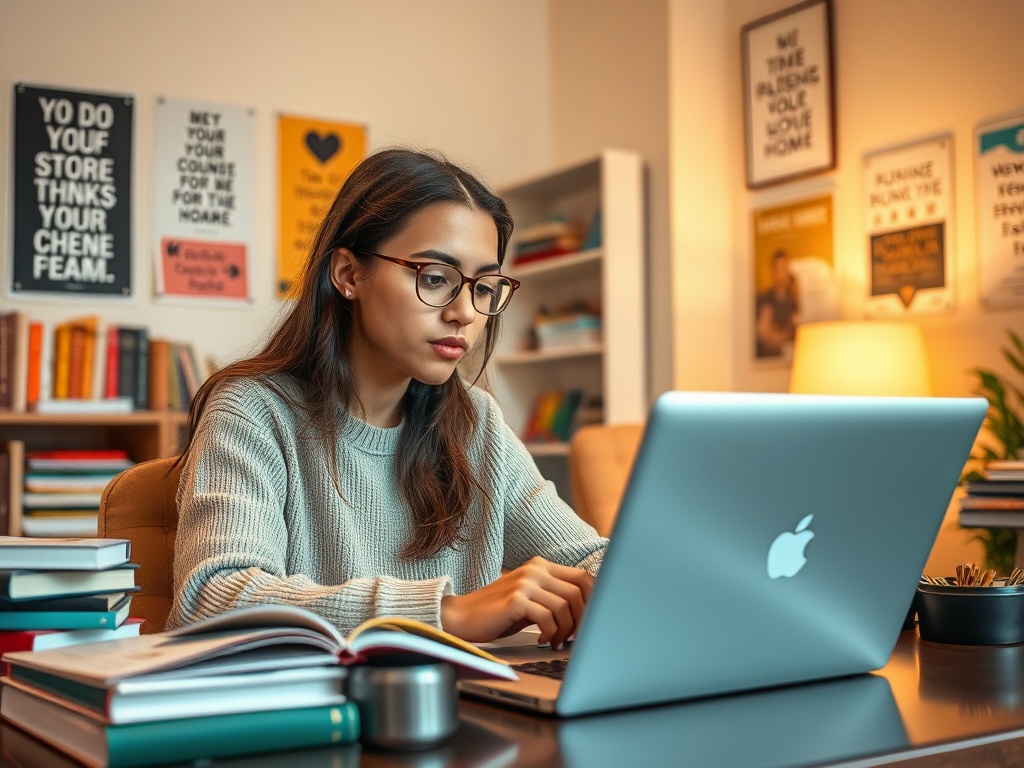 На изображении молодая женщина в очках работает за компьютером в уютном учебном пространстве.