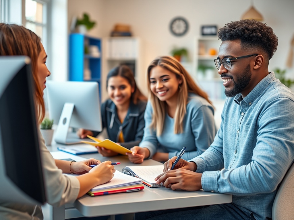 Четыре человека работают за столом, обсуждая проекты и делая заметки в уютном офисе.