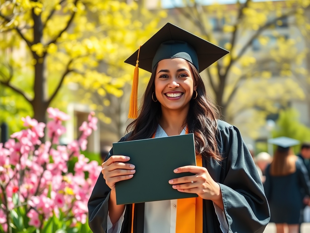 Счастливая выпускница в мантии и шапке позирует с дипломом на фоне цветущих деревьев и цветов.