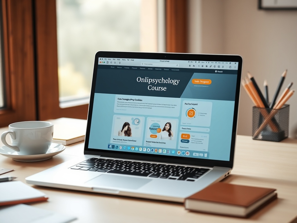 На столе стоит ноутбук с открытым курсом онлайн-психологии и чашкой кофе рядом.