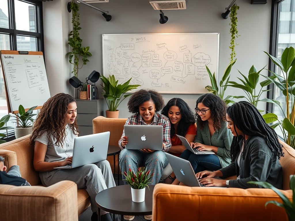 Группа женщин обсуждает идеи за ноутбуками в уютном офисе с растениями и доской на стене.