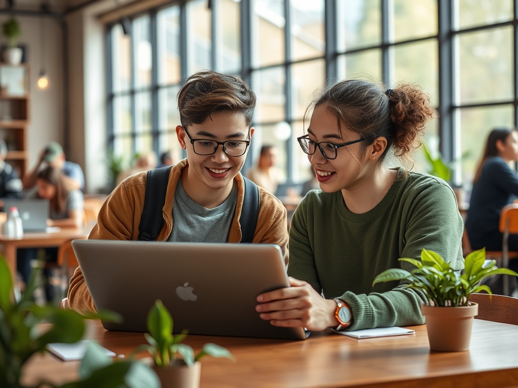 Два студента улыбаются, смотря на экран ноутбука в кафе. Окружены растениями и людьми.