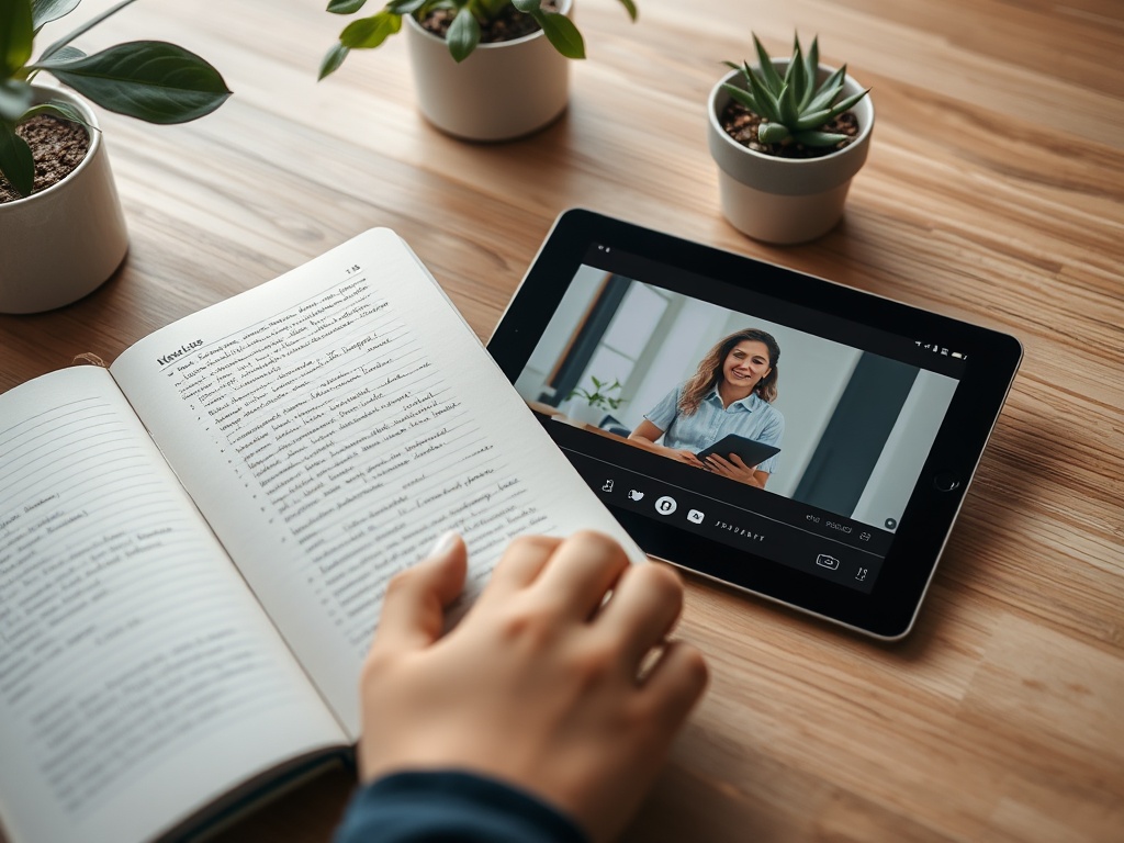 На столе лежит блокнот и планшет с видео, где девушка улыбается и держит книгу. Растения в горшках вокруг.