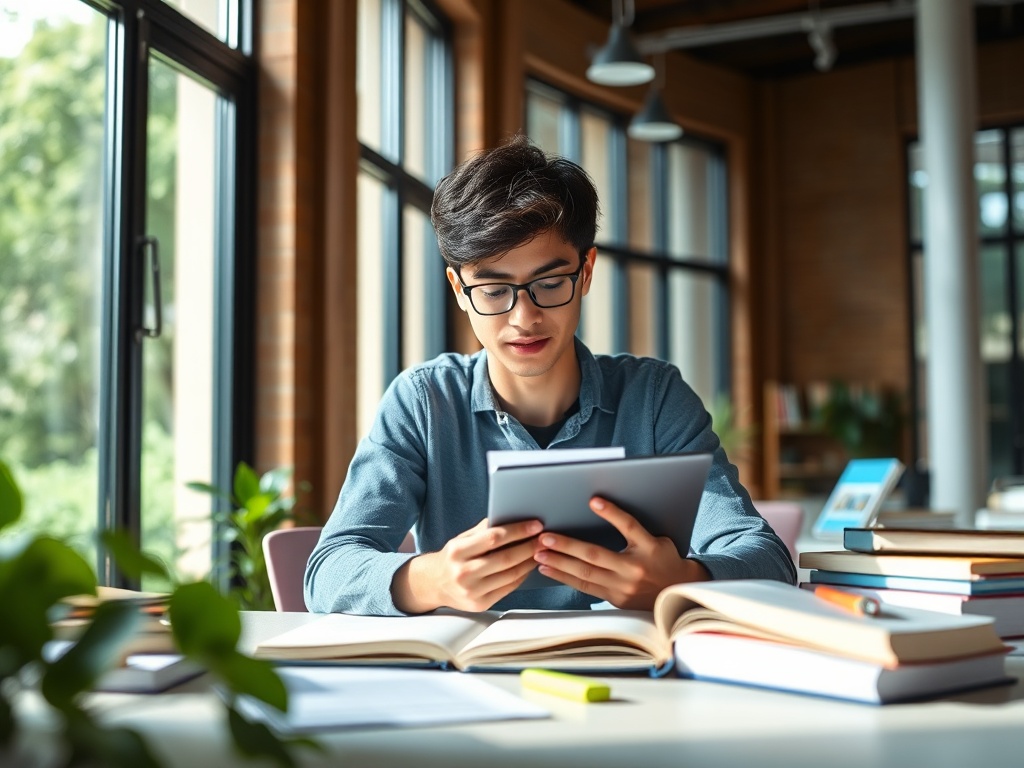 Молодой человек сидит за столом с планшетом и книгами, изучая материал в светлом офисе.