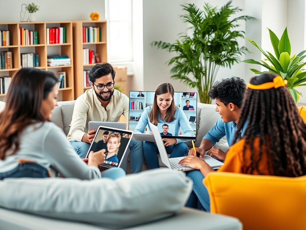 Группа людей обсуждает что-то на видеозвонке, сидя в уютной комнате с растениями и книгами.