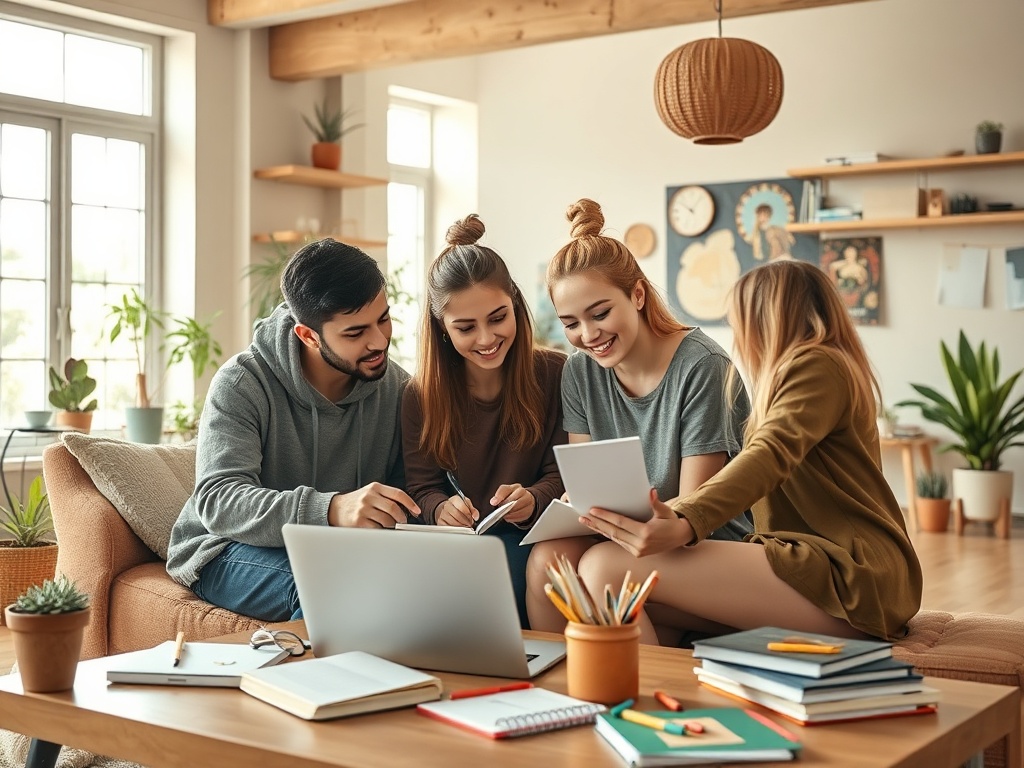 Группа друзей обсуждает что-то, сидя на диване в светлом, уютном помещении с растениями.