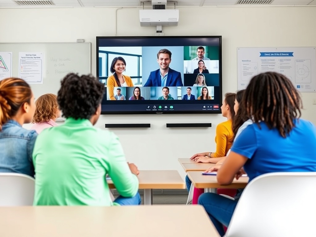 Группа студентов на занятиях, наблюдающих за онлайн-видеоконференцией на экране.