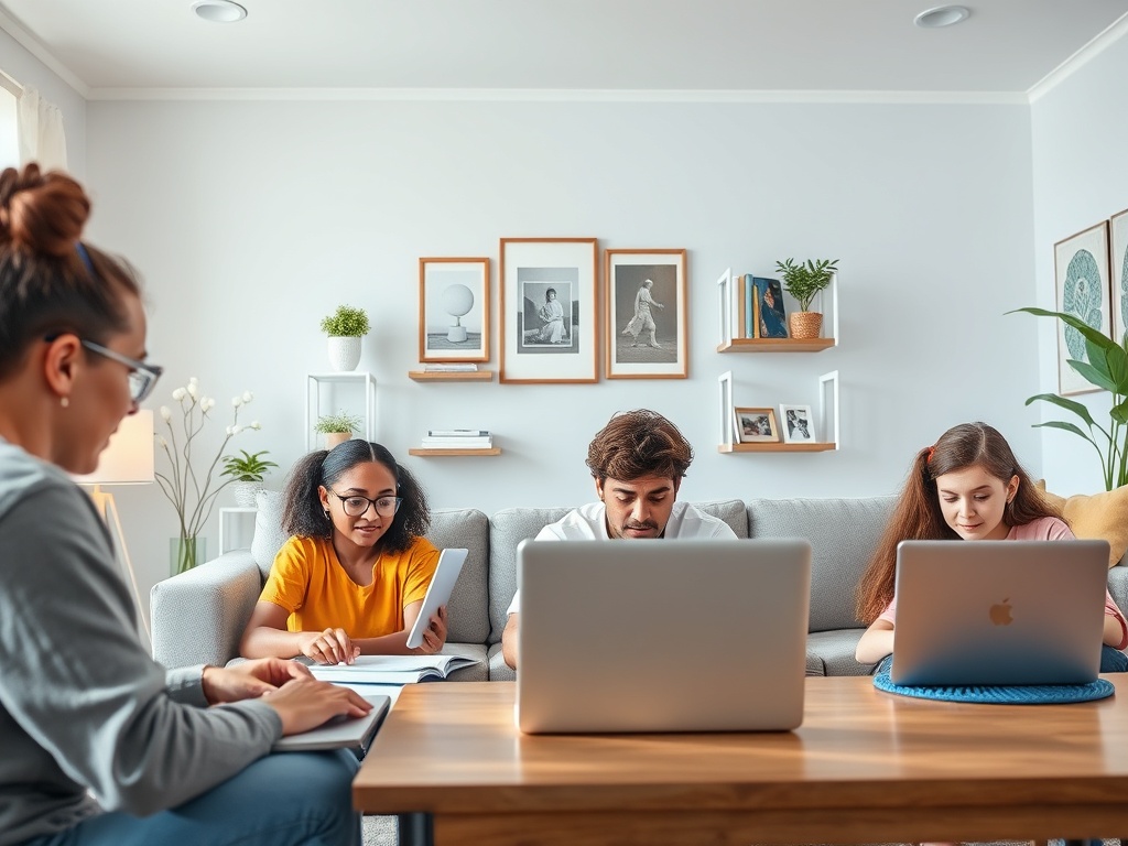 Четыре человека учатся или работают за столом в уютной комнате с ноутбуками и планшетами.