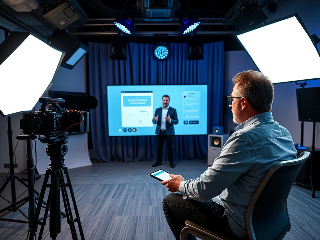 На фото человек сидит в кресле в студии, рядом камера и экран с презентацией. Открыты световые направители.