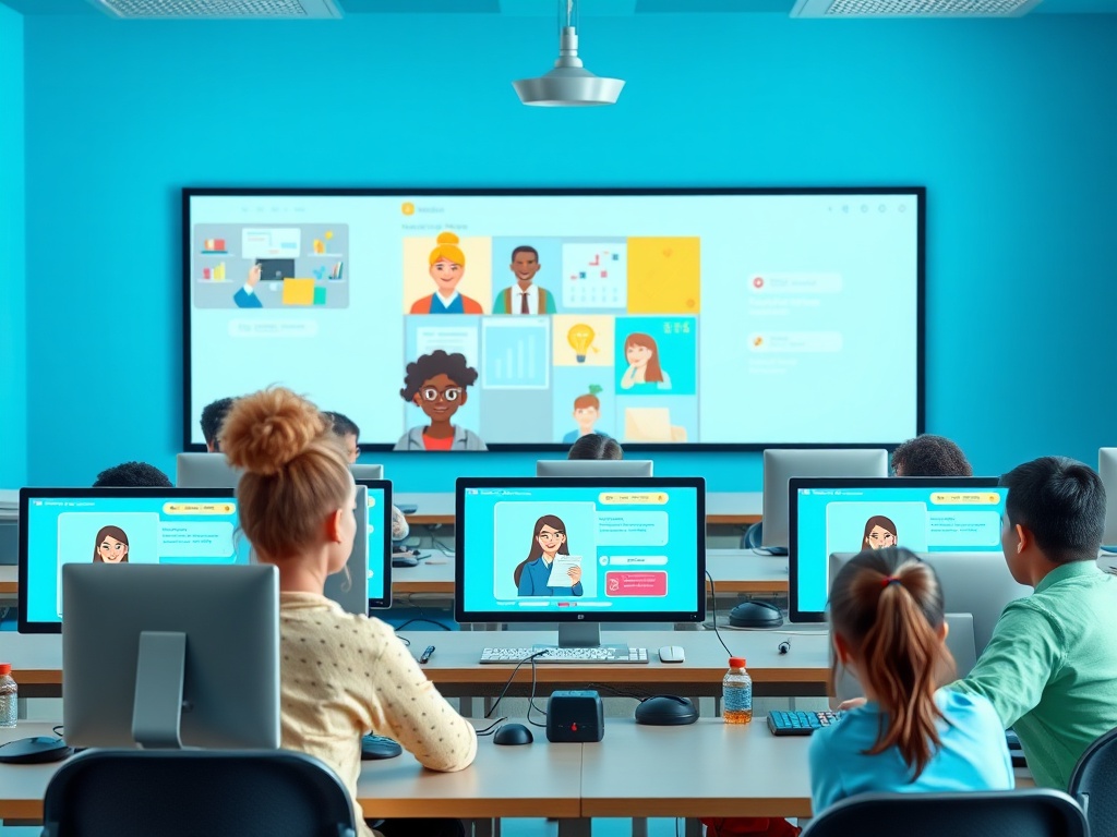 Класс, где дети за компьютерами работают с интерактивным экраном и учатся новым навыкам.