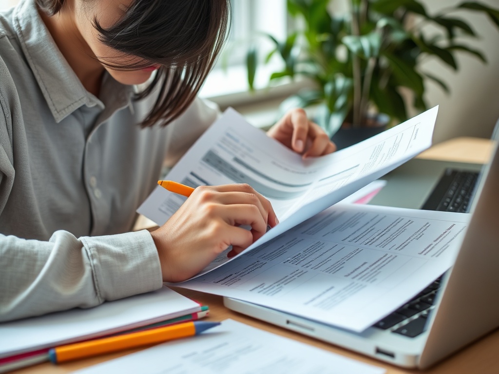 Женщина с ручкой изучает документы, сидя за столом с ноутбуком и канцелярскими принадлежностями.