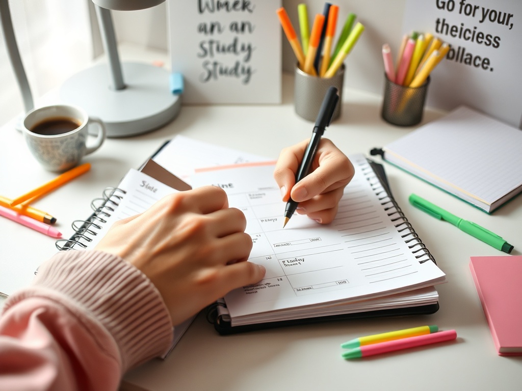 На столе находится планировщик, ручка и чашка кофе. Рука пишет в блокноте, вокруг - цветные ручки.