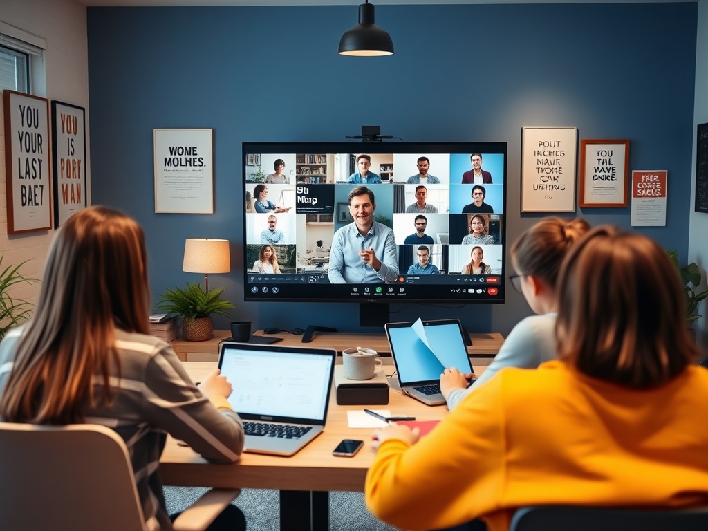 На изображении группа людей участвует в онлайн-конференции, общаясь через большой экран.