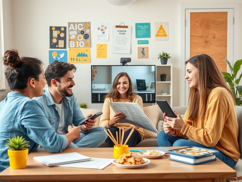 Четыре человека общаются в уютной комнате, сидя на диване и используя телефоны и планшет, с закусками на столе.