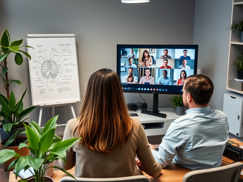 Два человека сидят за столом и участвуют в видеозвонке с несколькими участниками на экране.