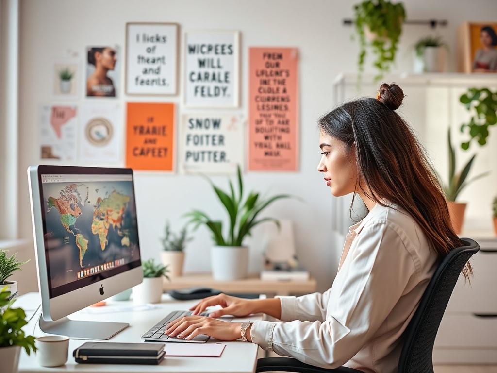 Женщина работает за компьютером, на экране карта мира, вокруг зелёные растения и мотивационные постеры.