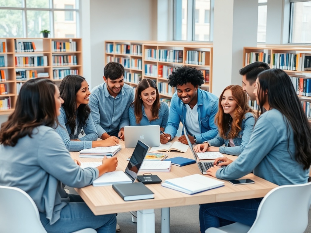Группа студентов в библиотеке обсуждает проекты за столом, окружённые книгами и ноутбуками.