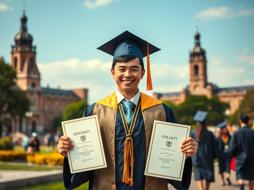 Студент в выпускной robes с дипломами на фоне университета, улыбается и радуется завершению обучения.