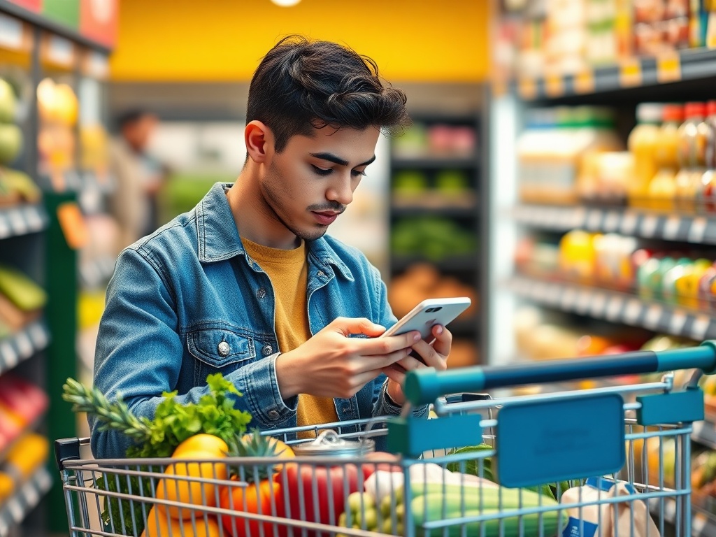 Молодой человек в магазине смотрит на телефон, рядом с тележкой, полной продуктов.