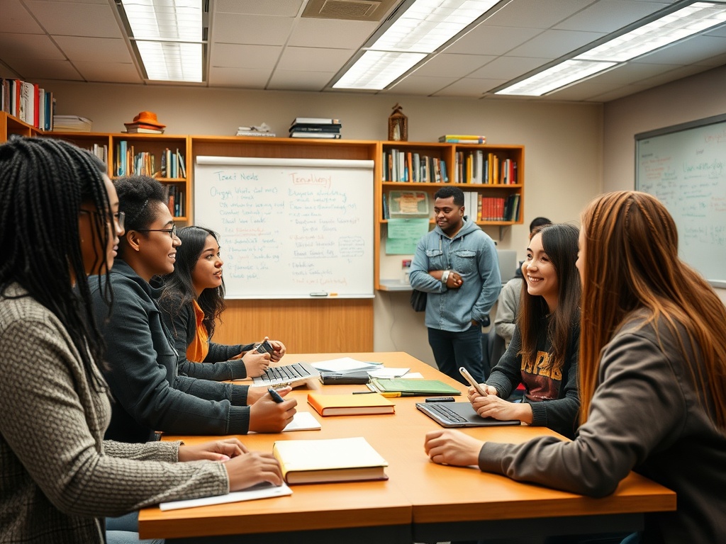 Группа студентов обсуждает проект в классе, на столе книги и ноутбуки, учитель наблюдает за ними.