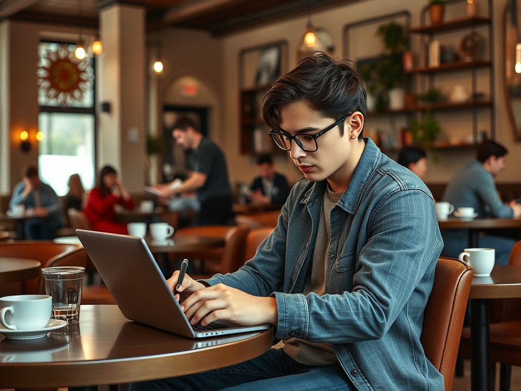 Молодой человек работает за ноутбуком в кафе, вокруг другие посетители пьют кофе и общаются.