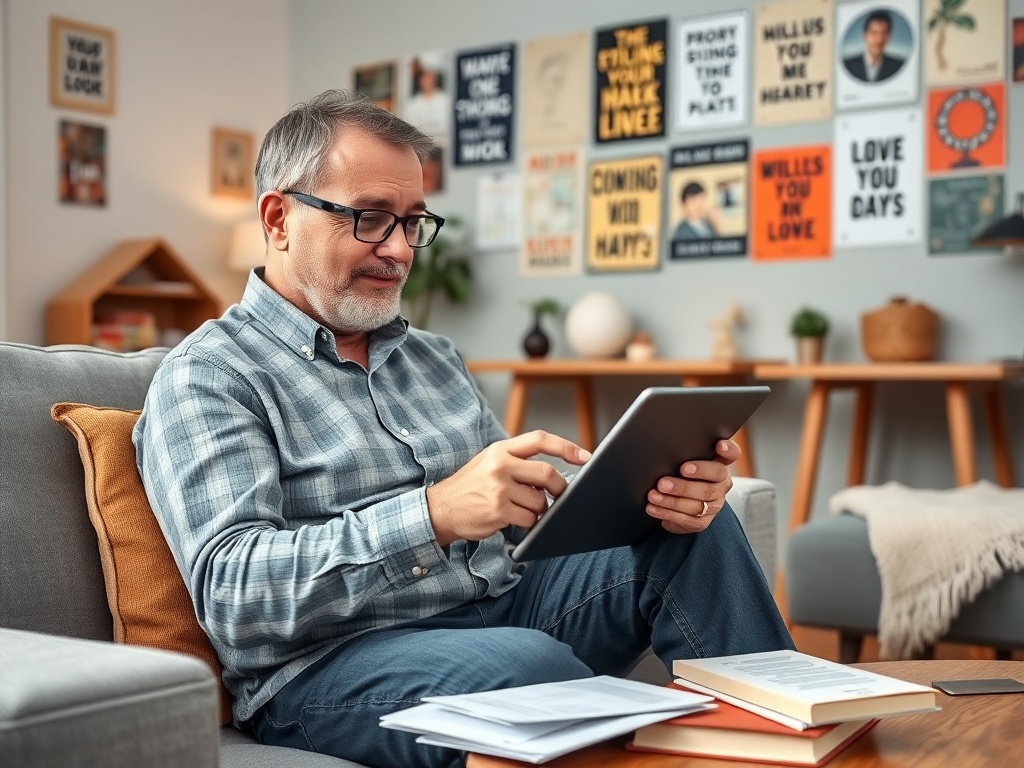 Пожилой мужчина сидит на диване и использует планшет в уютной комнате с постерами на стенах.