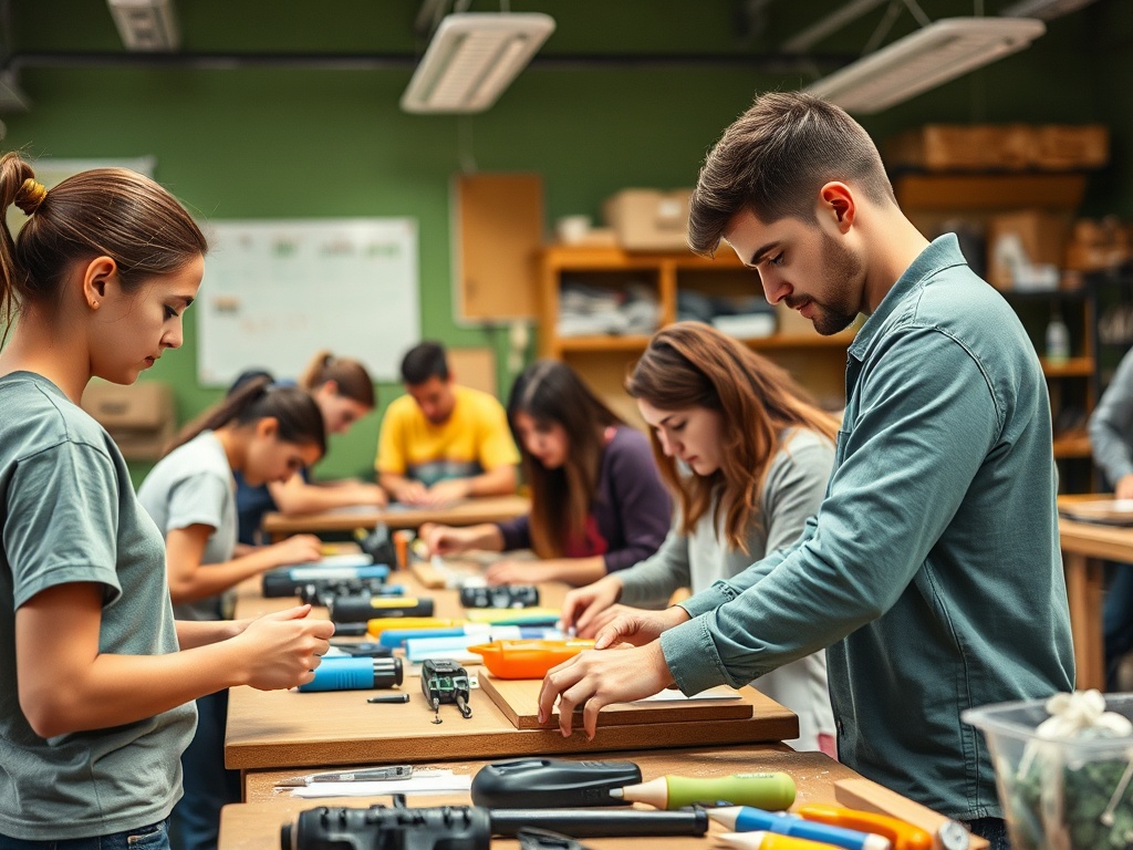 Студенты работают над проектами в мастерской, используя разнообразные инструменты и материалы.