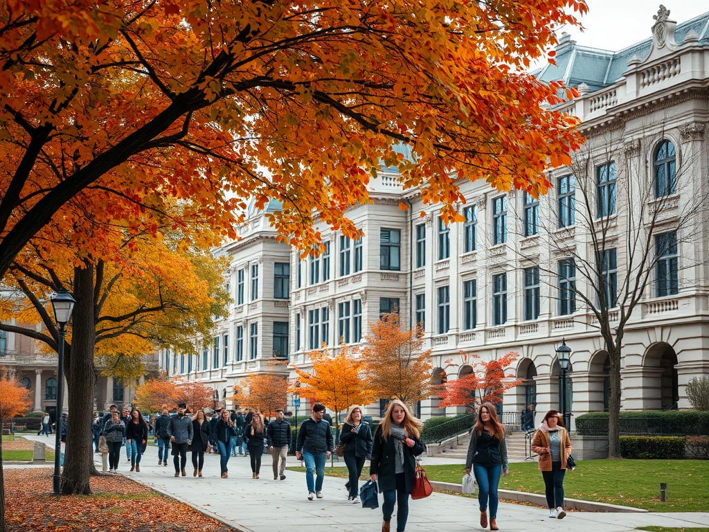 Группа людей гуляет по аллее с осенними листьями и историческими зданиями на фоне.