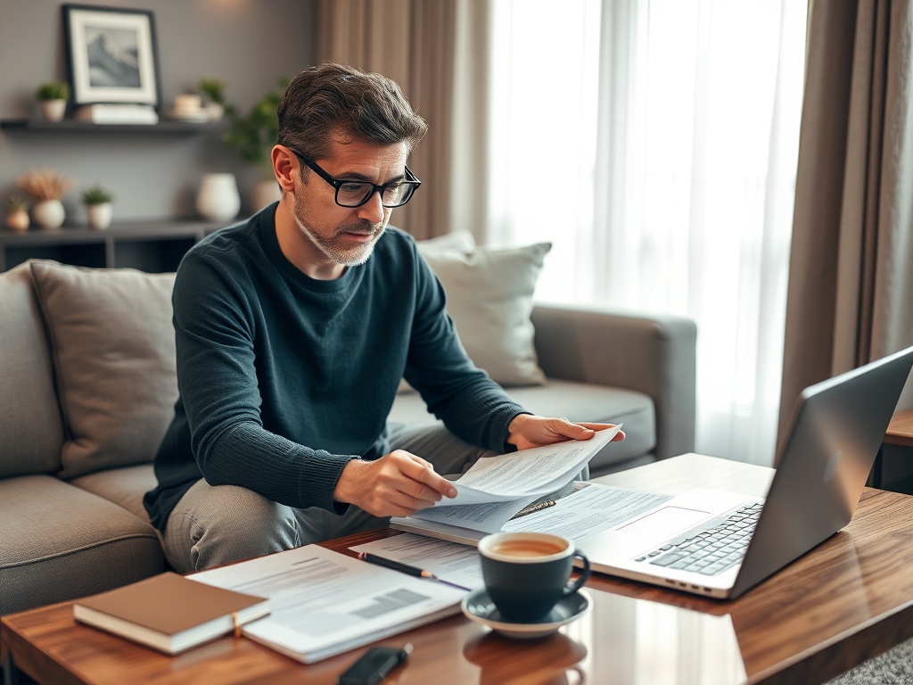 Мужчина читает документы за столом с ноутбуком и чашкой кофе в уютной комнате.