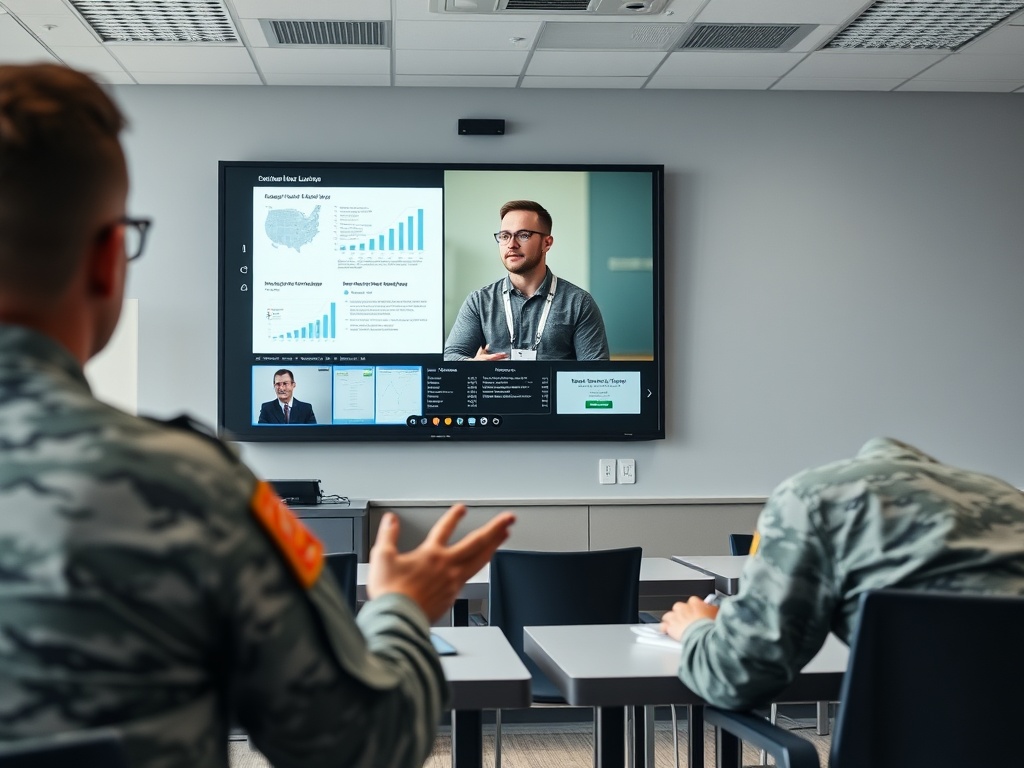 На экране видео конференции показывает выступление лектора, военные слушают.
