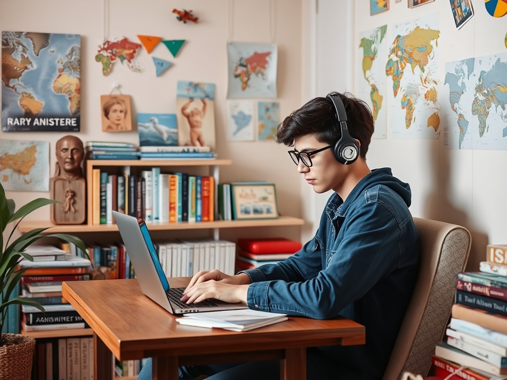 Молодой человек в наушниках работает за ноутбуком в уютной комнате с книгами и картами на стенах.