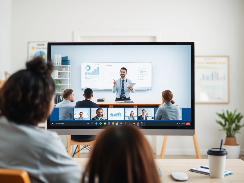 На большом экране видеозвонка мужчина проводит презентацию для группы слушателей.