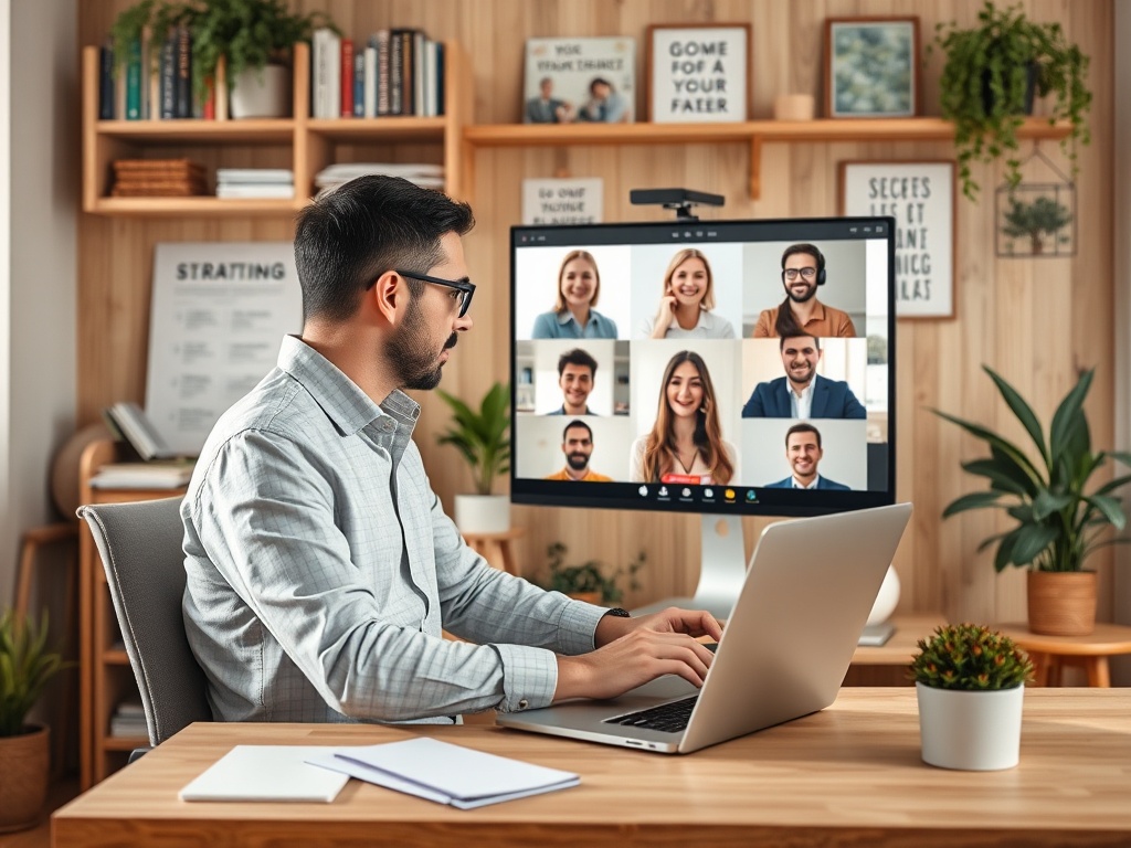 Мужчина работает за столом с ноутбуком, участвуя в видеозвонке на большом экране с несколькими участниками.