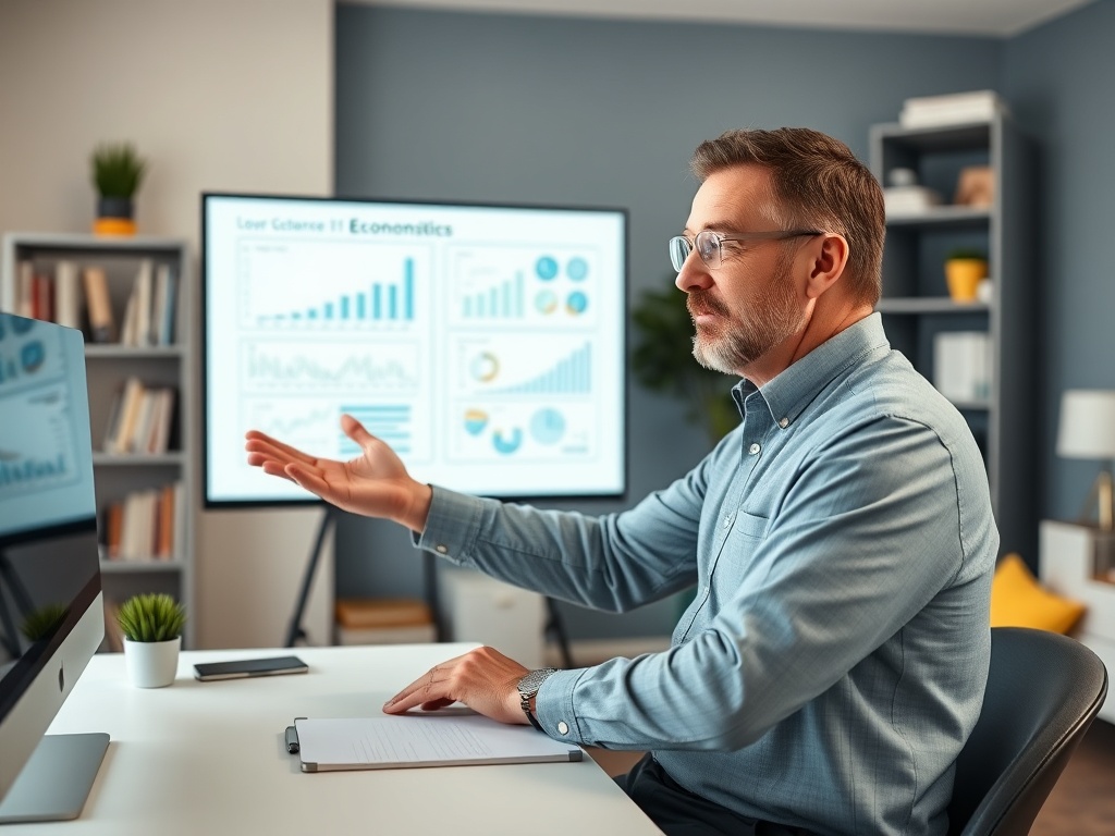 Мужчина в офисе за компьютером, объясняющий графики на экране. В фоновом режиме книги и зелёные растения.