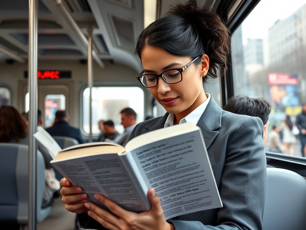 Женщина в деловом костюме читает книгу в общественном транспорте, притянутая к чтению и окружающей среде.