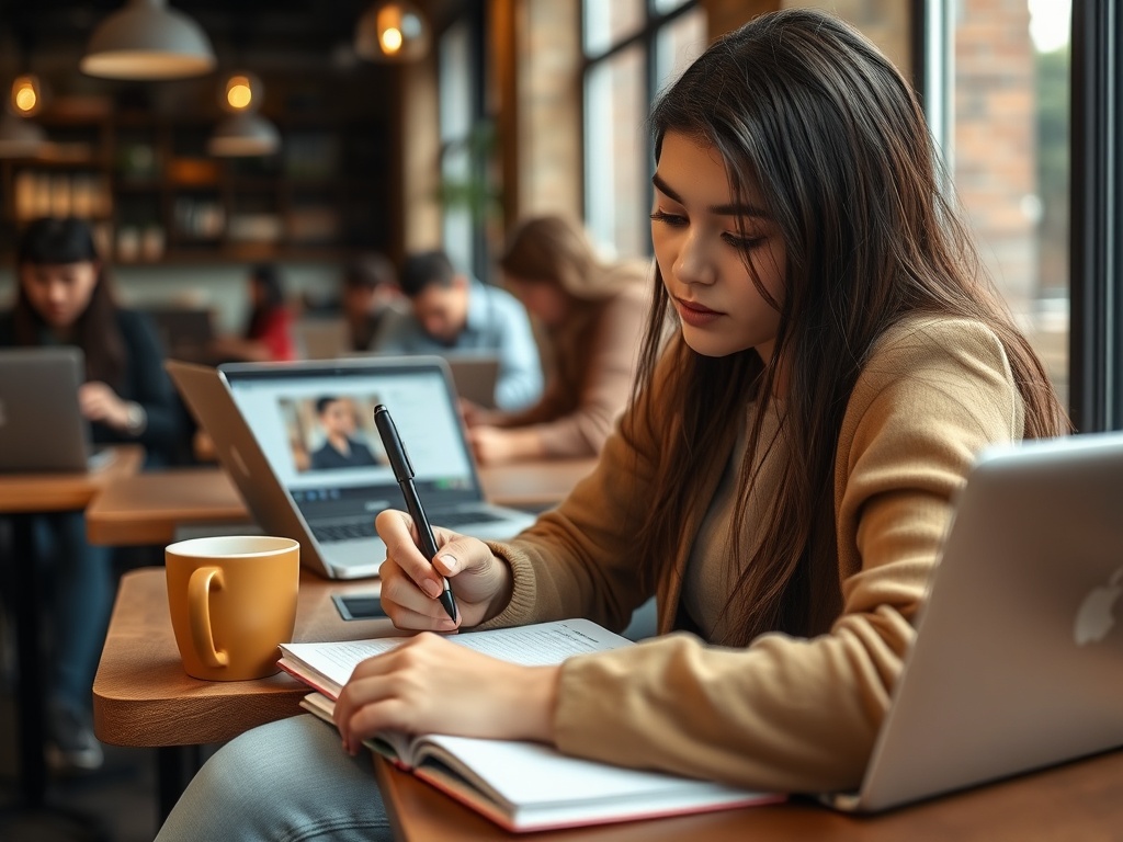 Молодая женщина в кафе пишет записи в блокноте, рядом с ней ноутбук и чашка с горячим напитком.