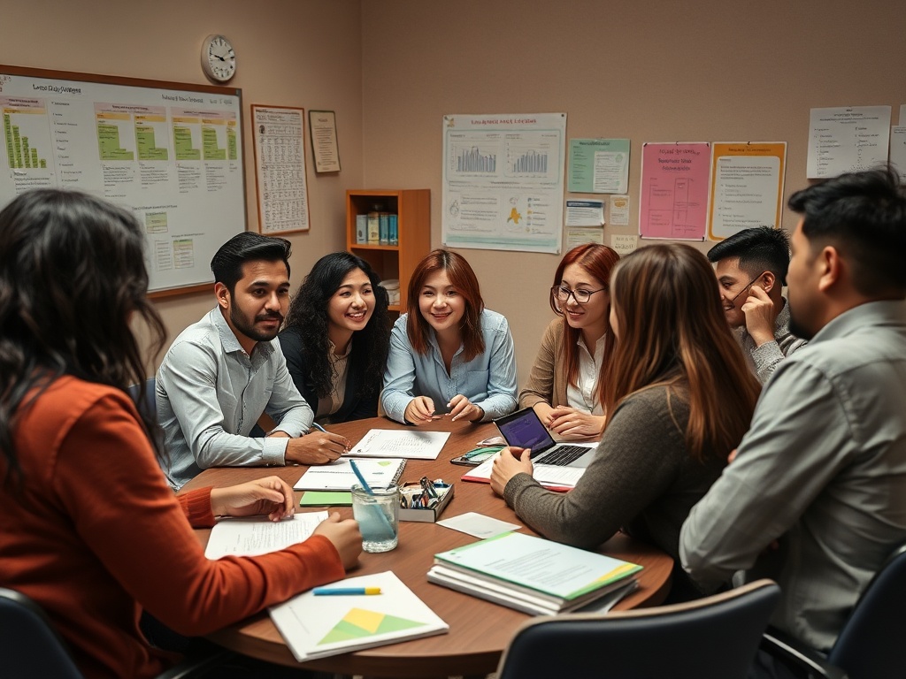 Группа людей обсуждает идеи за круглым столом, окруженная учебными материалами и оформлением на стенах.