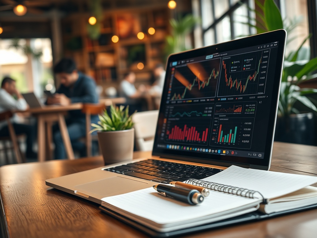 На столе ноутбук с графиками и заметки, вокруг люди, работающие в кафе с уютной атмосферой.